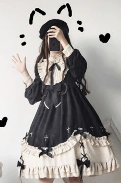 Black Round Collar Chest Bow Cross Print Ruffled Sweet Lolita Op Dress -LolitaInside ea0dad0445b7350d0fc169b3f4bef188