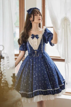 Midsummer Galaxy Shiny Star Print Short Sleeves Ruffle Bowknot Sweet Lolita OP Dress -LolitaInside ea2438d6a9d00ca4eea385d6c093ac3c