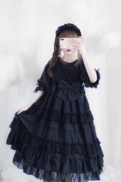Black Lace Cool Angel Short Sleeves Bowknot Ruffle Gothic Lolita Dress -LolitaInside ea2671a44b9f725f3065c8cee7598156