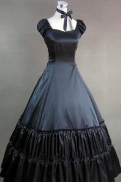 Black Cotton Square Collar Cap Sleeves Floor Length Victorian Gothic Lolita Dress