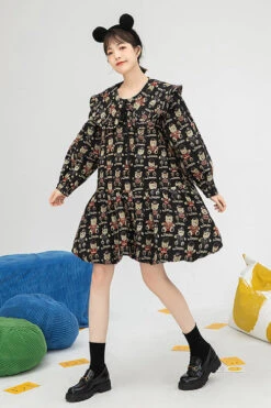 Black Doll Collar Bear Print Puff Sleeves Ruffled Sweet Lolita OP Dress -LolitaInside ead25ed445be6af8b21ef5346a4d984a