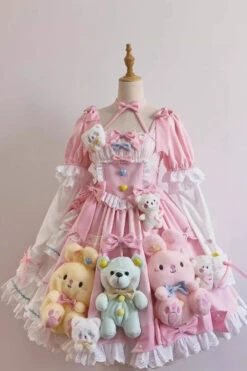 Pink Square Collar Print Doll Party Detachable Sleeves Ruffle Bowknot Sweet Princess Lolita Dress