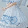 Light Blue Love Plaid Print Bowknot Short Sleeves Princess Sweet Lolita OP Dress (Apron Is Included)