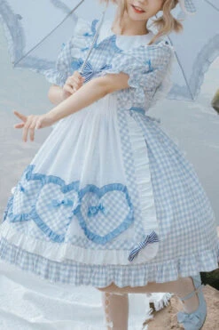 Light Blue Love Plaid Print Bowknot Short Sleeves Princess Sweet Lolita OP Dress (Apron Is Included)