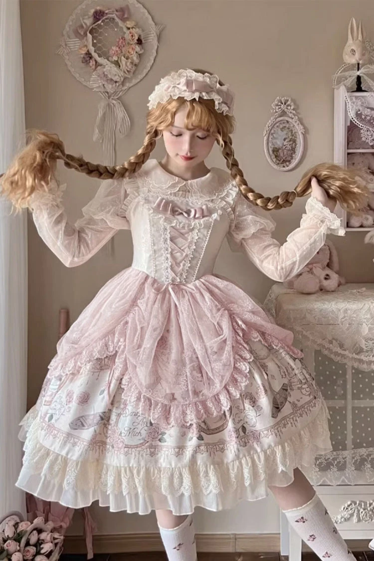 Apricot Sleeveless Rose Prologue Print Ruffle Bowknot Sweet Elegant Princess Lolita Jsk Dress 6 Apricot Sleeveless Rose Prologue Print Ruffle Bowknot Sweet Elegant Princess Lolita Jsk Dress - Image 4