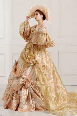 Beige/Golden Trumpet Sleeves High Waisted Embroidery Print Bowknot Multi-Layer Victorian Lolita Prom Dress -LolitaInside ecf5fe1d3c63ddeab85fbb38c4ef511f