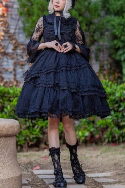 Black Solid Color Tower Of Dawn Bowknot Sleeveless Ruffle Gothic Lolita Dress