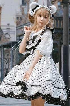 White/Black Polka Dot Print Bowknot Princess Sweet Lolita Suspender Dress -LolitaInside ed3f9b2ce29282ee33c199e00a5e38c5