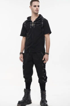 Black Punk Short Sleeve Metal Zipper Lace-Up Knit Loose Casual Hooded Men's T-Shirt -LolitaInside ed567f6838be2549090035a8a8fa4ae9
