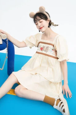 Beige Vintage Square Collar Ruffled Short Sleeves Cartoon Bear Print High Waisted Sweet Lolita Dress -LolitaInside ed5c1ff42da8f6d1cdd1ad3da2bd0c7b