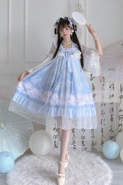 Blue Marine Jellyfish Print Bowknot Long Sleeves Ruffled Chinese Style Sweet Lolita Dress -LolitaInside ed6b0d0ccc1ed1726e1cdf60fe487ebd
