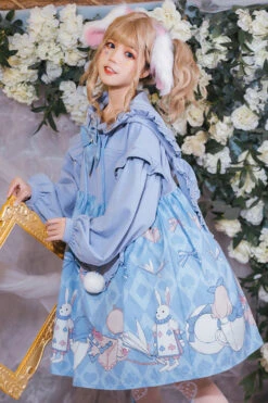 Blue Lantern Long Sleeves Alice Rabbit Print Hooded Cute Sweet Lolita OP Dress -LolitaInside edb2483add41c7dbbbf5a858c112852b