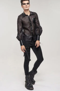 Black Punk Vertical Pattern Printing Cuff Drawstring Decoration See-Through Men's Shirt -LolitaInside ede449fbfe9e93191914cfdaa652e200