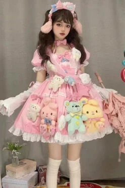 Pink Square Collar Print Doll Party Detachable Sleeves Ruffle Bowknot Sweet Princess Lolita Dress -LolitaInside ee1713f0b0f87498b582f7a54e995264