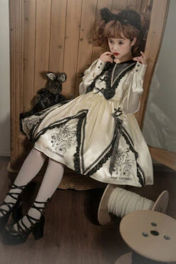 Beige Doll Lapel Collar Long Sleeves Little Confused Print High Waisted Sweet Lolita OP Dress -LolitaInside ee49062ad658afc806d94dd58fa65ac8