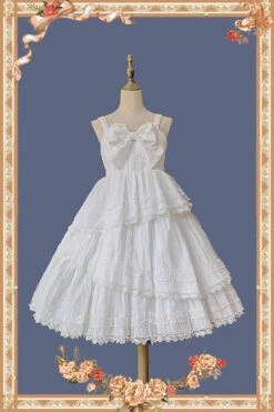 White Solid Color Tower Of Dawn Bowknot Sleeveless Ruffle Sweet Lolita Dress -LolitaInside eec75e2fec73543b28a3de4df8744829