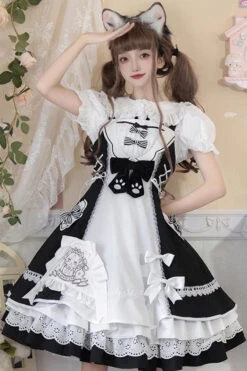White/Black Cat Print Ruffle Bowknot Maid Sweet Lolita Dress -LolitaInside ef20422350251fb505f7f5a74d7e9a7e