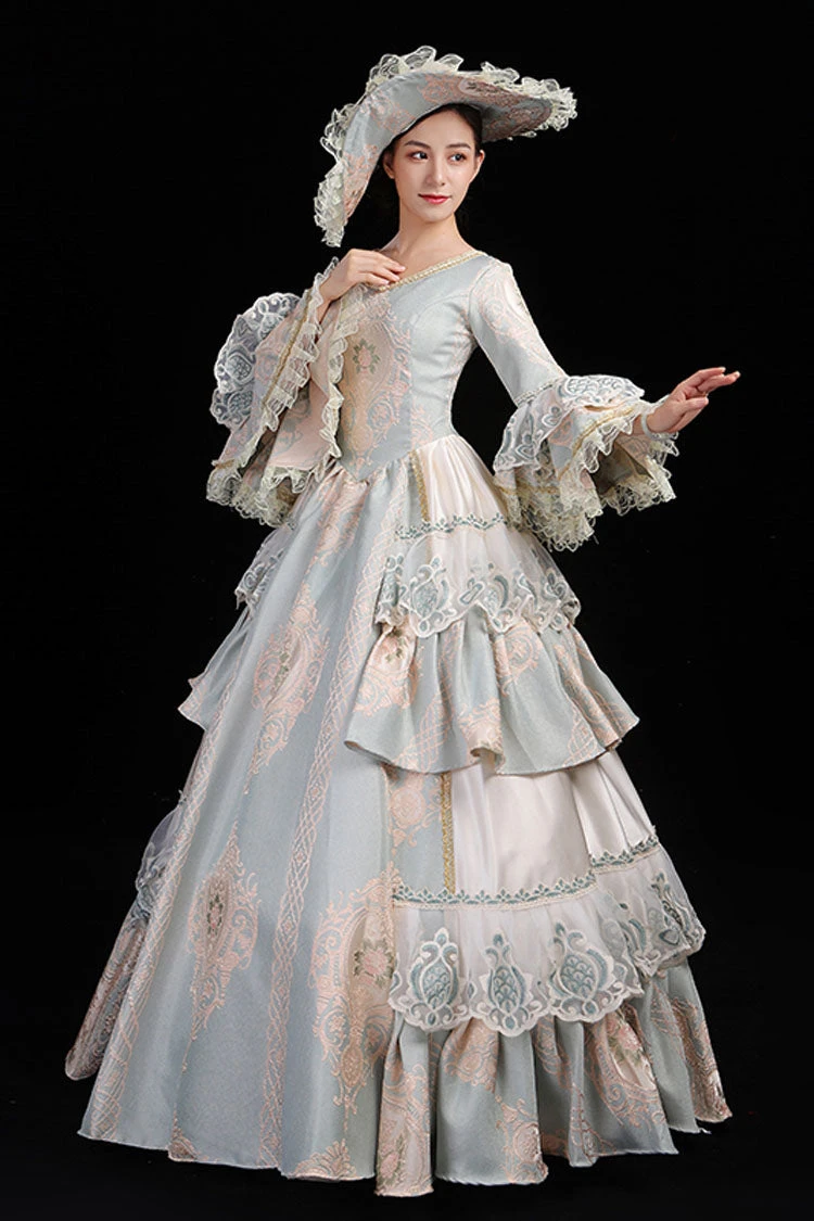 Light Blue Hime Sleeves High Waisted Round Collar Lace Stitching Hollow Embroidery Flower Print Victorian Lolita Prom Dress 6 Light Blue Hime Sleeves High Waisted Round Collar Lace Stitching Hollow Embroidery Flower Print Victorian Lolita Prom Dress - Image 4