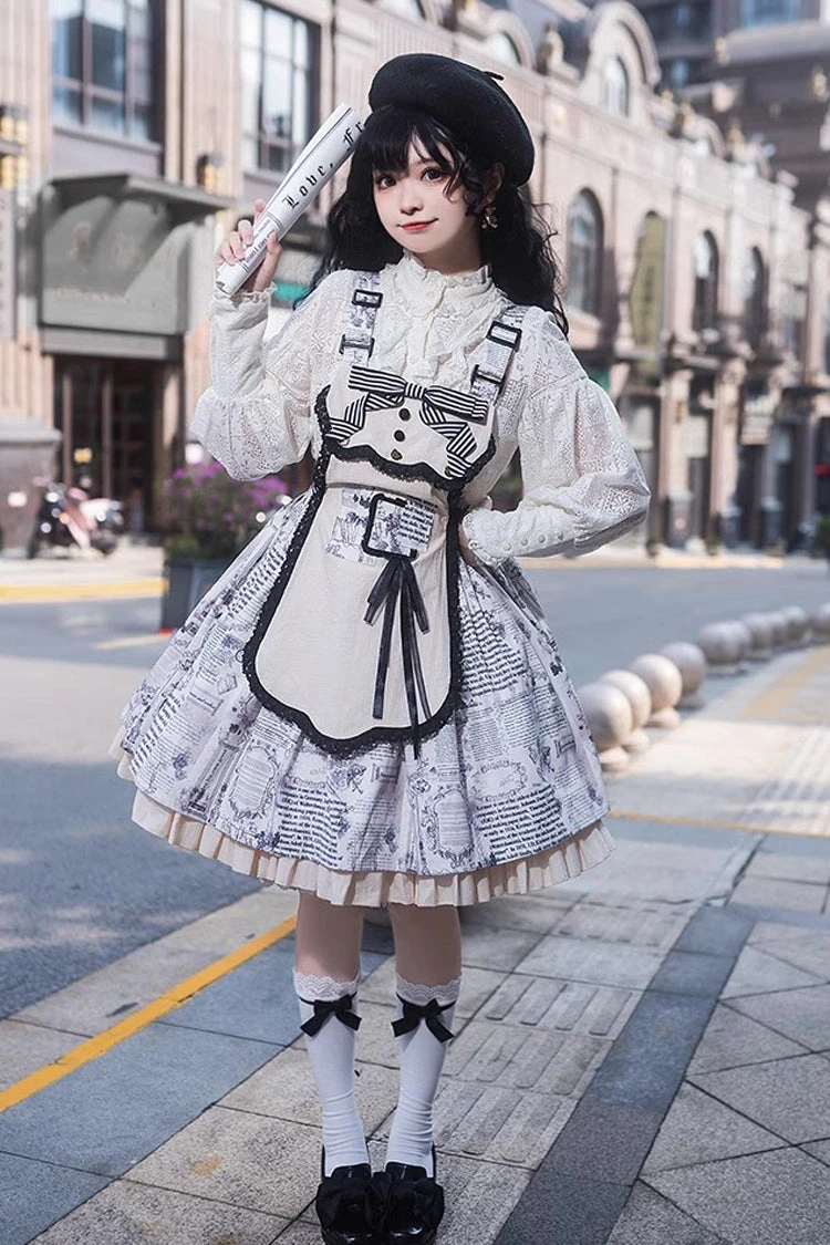 White Vintage Berlin Daily Print Removable Apron Classic Lolita Strap Dress 8 White Vintage Berlin Daily Print Removable Apron Classic Lolita Strap Dress - Image 6