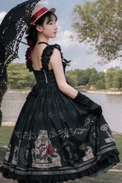 Black Nightingale Rose Print Bowknot Ruffled Strapless Gothic Lolita JSK Dress -LolitaInside efba6b394d29eec8e12e517cbe9d04cb