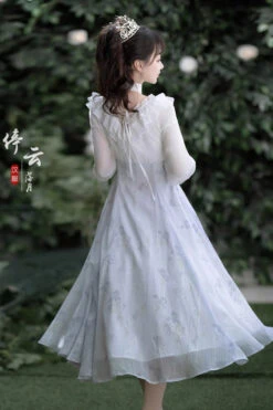 White/Blue Lace V Collar Half Sleeves High Waisted Sweet Lolita OP Dress -LolitaInside efd92bb476645c6c1154c9a2bc566951