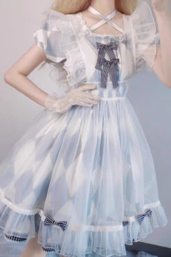 White/Blue Short Sleeves Diamond Plaid Print Bowknot Alice Sweet Lolita Dress -LolitaInside efec187e3f18fc59f8091cd52e9430ac