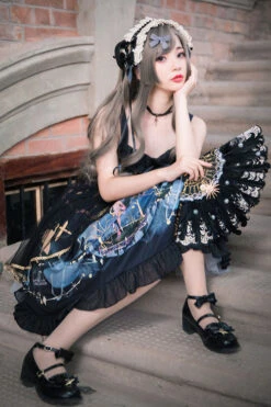 Dark Blue Vintage Mermaid Song Square Collar Bowknot Ruffled Sleeveless Gothic Lolita JSK Dress -LolitaInside f027ea1f5d0d57545f704e78a72196f9