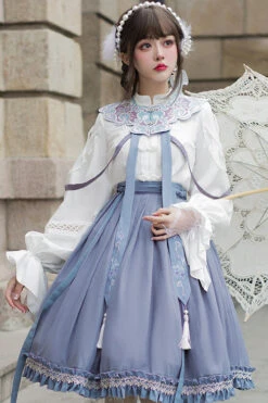 White/Blue Chinese Style Hollow Long Sleeve Classic Lolita Dress Full Set -LolitaInside f04c30dc79a026bb2e1e716916e9f05c