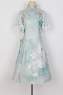 Green Ruffle Short Sleeves Lotus Print Sweet Cheongsam Hanfu Dress -LolitaInside f07d69cf63929192bcd9c3341d45877c