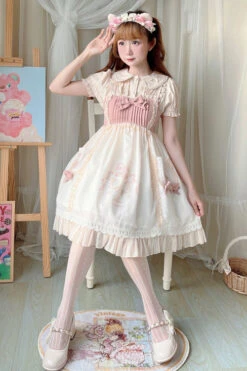 Beige Ruffled Bow Cute Bear Print High Waisted Sweet Lolita JSK Dress -LolitaInside f14930c9cdd9d6f5860f7baf76262bbb