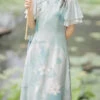 Green Ruffle Short Sleeves Lotus Print Sweet Cheongsam Hanfu Dress