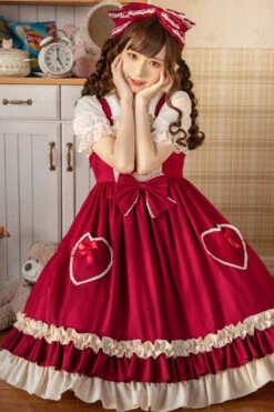 Wine Love Heart Shape Pockets Bowknot Classic Lolita Jsk Dress -LolitaInside f2f336eea65362ec12f4d6e54c8f71be