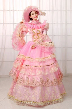 Pink Trumpet Sleeves High Waisted Hollow Embroidery Print Multi-Layer Victorian Lolita Prom Dress -LolitaInside f33781c02dc81f9fdeab6de8e37e58b5