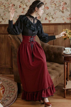 Wine Vintage Palace Style Ruffled Stripe Print High Waisted Classic Lolita Dress Skirt -LolitaInside f3e91f92df9040b1a562d5230667fe4b