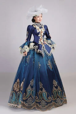 Blue Trumpet Sleeves High Waisted Three Dimensional Flower Hollow Embroidery Print Victorian Lolita Prom Dress -LolitaInside f498c669916dd265ac4bc0b72fbb47f1