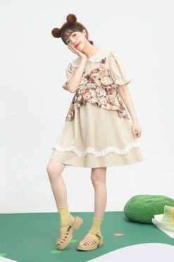 Beige Vintage Doll Collar Bear Print Fake Two Pieces Short Sleeves Sweet Lolita Dress -LolitaInside f502956a91cfb7cb545129351de5927c