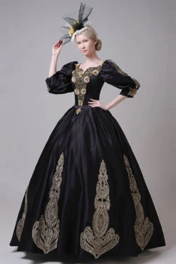 Boat Neck Half Sleeves High Waisted Three Dimensional Golden Floral Hollow Print Victorian Lolita Prom Dress -LolitaInside f5904e634e20070793a3f3d48958a27e