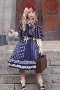 Blue Multi-layer Stripe Print Ruffle Sweet Lolita Jsk Dress -LolitaInside f65cde97f3e793538fbf8d3fe1a7f3d5