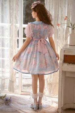 Pink/Blue Doll Collar Short Sleeves Rabbit Candy Paper Print High Waisted Sweet Lolita OP Dress -LolitaInside f6cda3c0355794f374a54d48ed58f8ac
