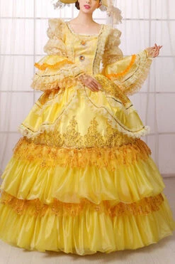 Yellow Hime Sleeves High Waisted Lace Stitching Gem Button Multi-Layer Victorian Lolita Prom Dress