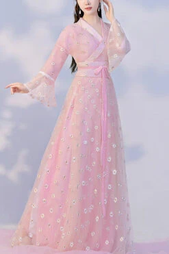 Pink Sunflower Embroidered Trumpet Sleeves Sweet Hanfu Dress