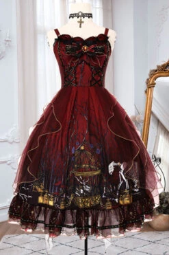 Red Decaying Forest Round Collar Bowknot Ruffled Classic Lolita JSK Dress