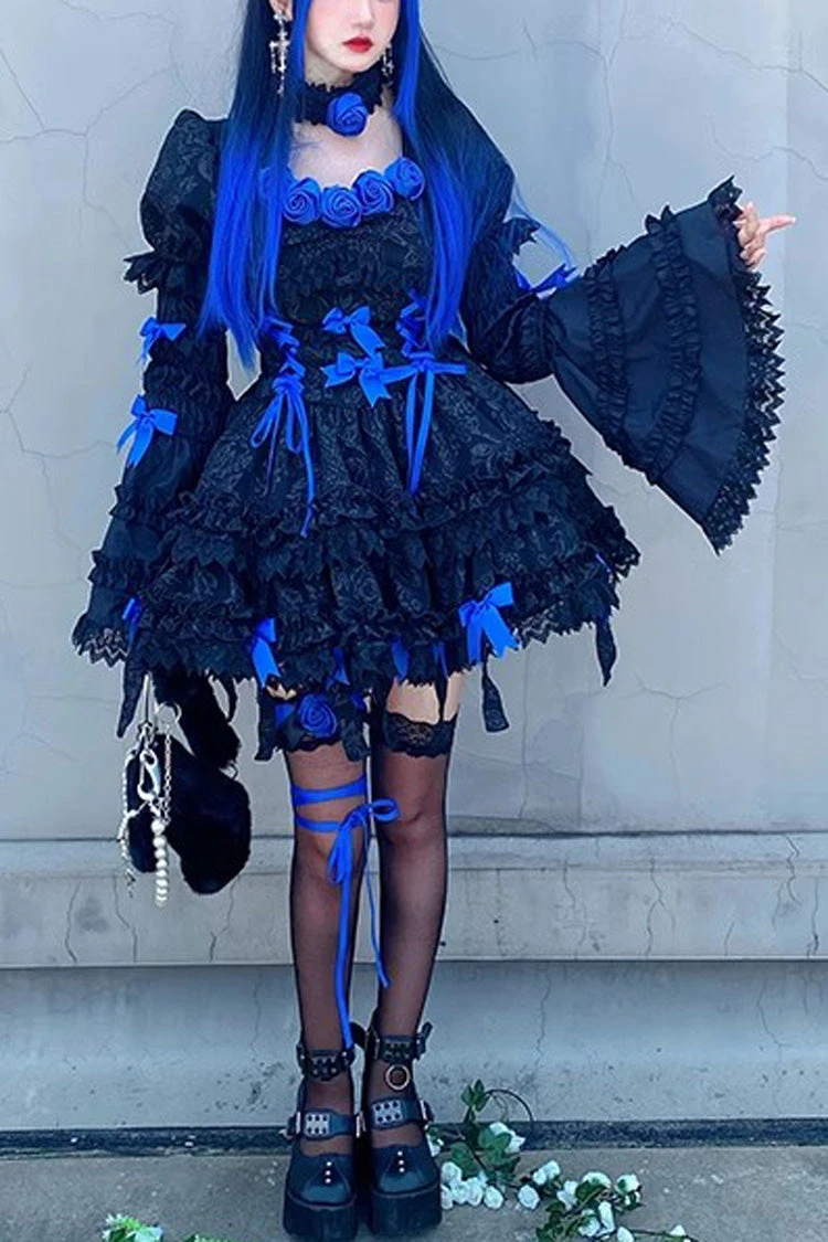 Black/Blue Puff Short Sleeves Princess Gothic Lolita Tiered Dress 3 Black/Blue Puff Short Sleeves Princess Gothic Lolita Tiered Dress