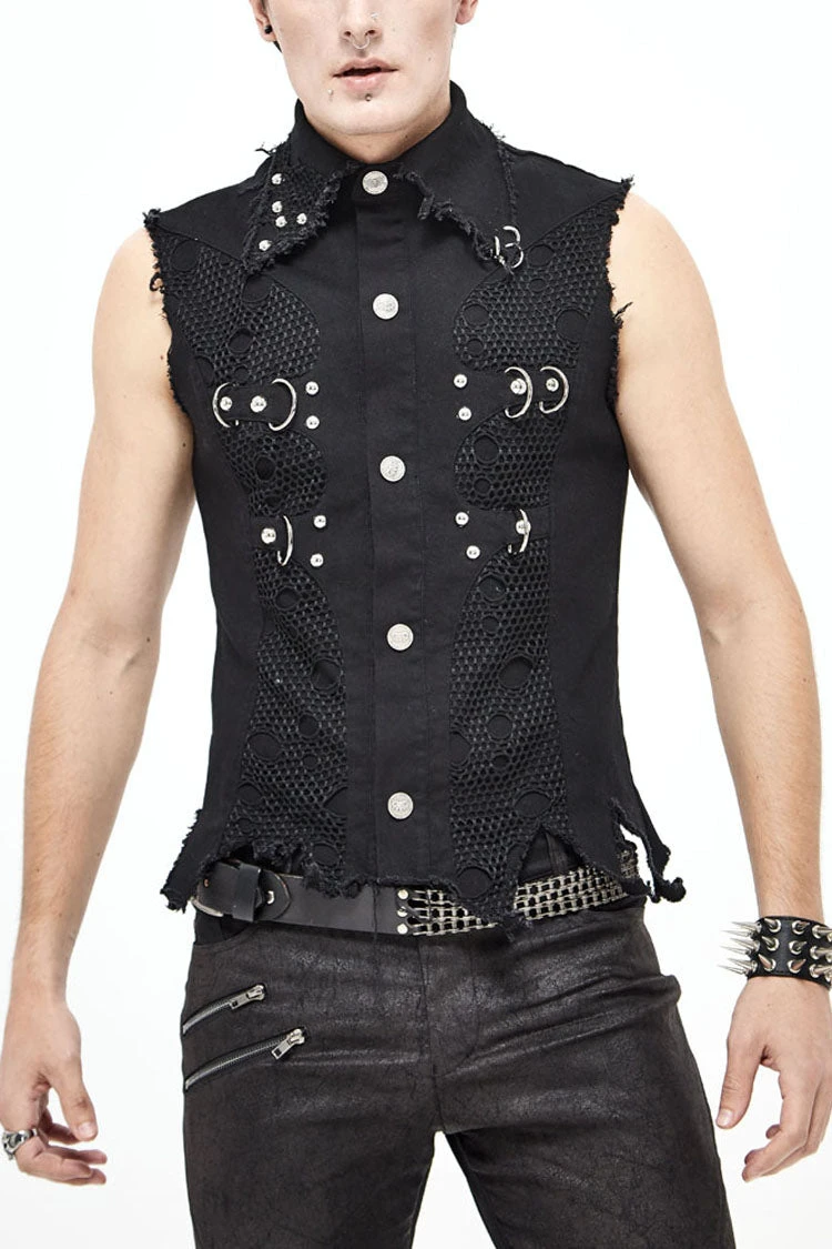 Black Worn Out Twill Mesh Decoration Rough Selvedge Hem Heavy Metal Men's Punk Waistcoat 3 Black Worn Out Twill Mesh Decoration Rough Selvedge Hem Heavy Metal Men's Punk Waistcoat