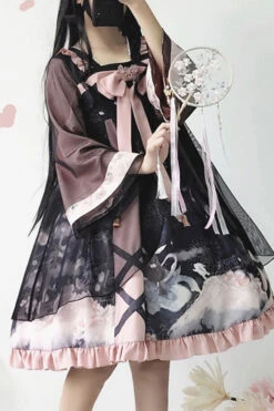 Black/Pink Chinese Style Long Sleeves Chest Bow Chiffon Sweet Lolita OP Dress
