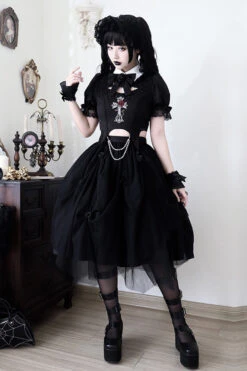 Black Rose Embroidered Cutout Top Irregular Short Sleeves Gothic Lolita Dress Set -LolitaInside f91eae780f498886a999e0f18117c119