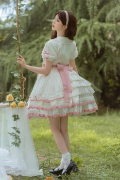 White/Pink Short Sleeves Multi-layer Ruffle Bowknot Sweet Lolita Dress -LolitaInside f9b8f99463786a3c9649a92de0d0d2c6