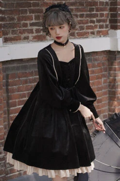 Black Velvet Fake Collar High Waist Classic Lolita OP Dress -LolitaInside f9e610aea60aceb103cc3f2e1c63ccec