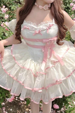Pink/Beige Ballerina Style Bowknot Slim Fluffy Princess Sweet Lolita Tiered Dress -LolitaInside f9fc48983bfabab5ba7296ccbec51549