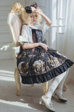 Dark Bule Bowknot Altar Of The Month Print Ruffled Classic Lolita Suspender Dress -LolitaInside fa39b2f178aa3dcf63336f4731ce3e73